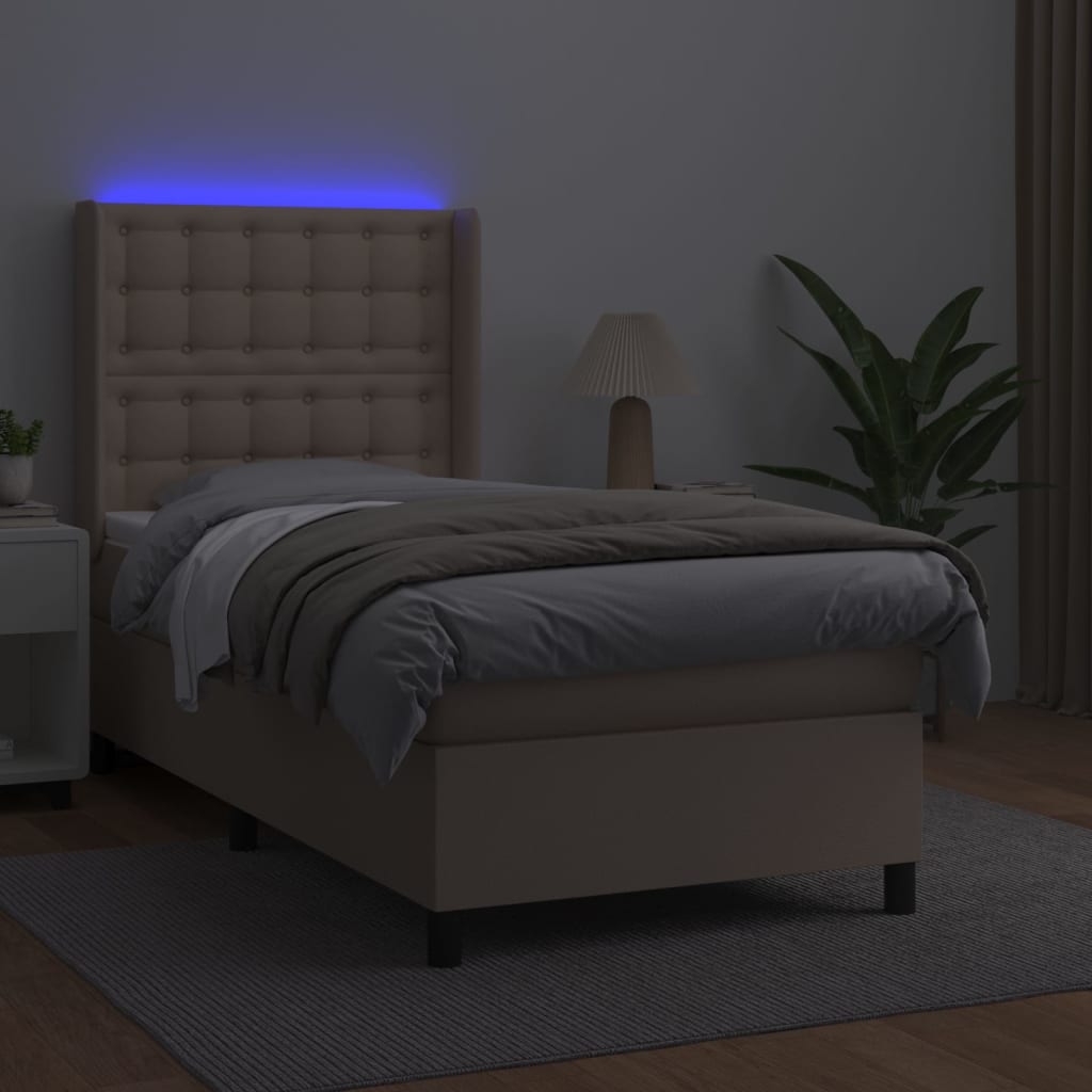 vidaXL Łóżko kontynentalne, materac i LED cappuccino ekoskóra 90x190cm