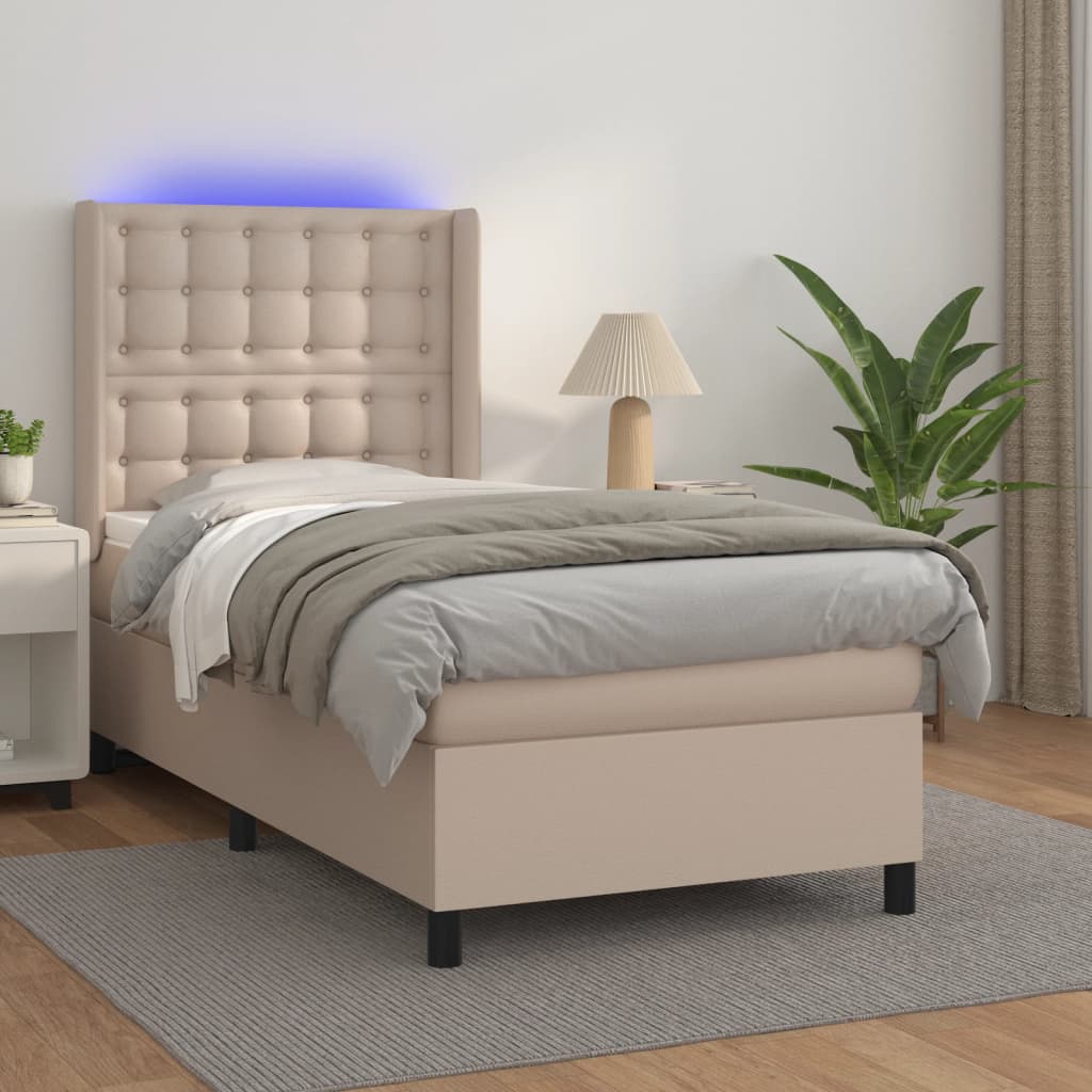 vidaXL Łóżko kontynentalne, materac i LED cappuccino ekoskóra 90x190cm