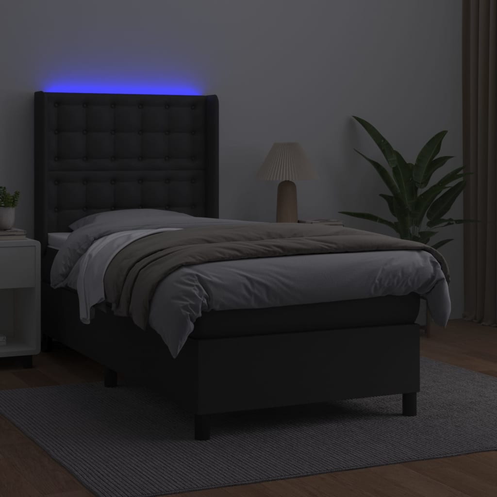 vidaXL Łóżko kontynentalne z materacem i LED czarna ekoskóra 90x200 cm