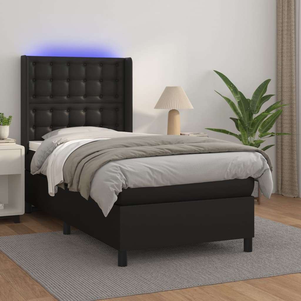 vidaXL Łóżko kontynentalne z materacem i LED czarna ekoskóra 90x200 cm