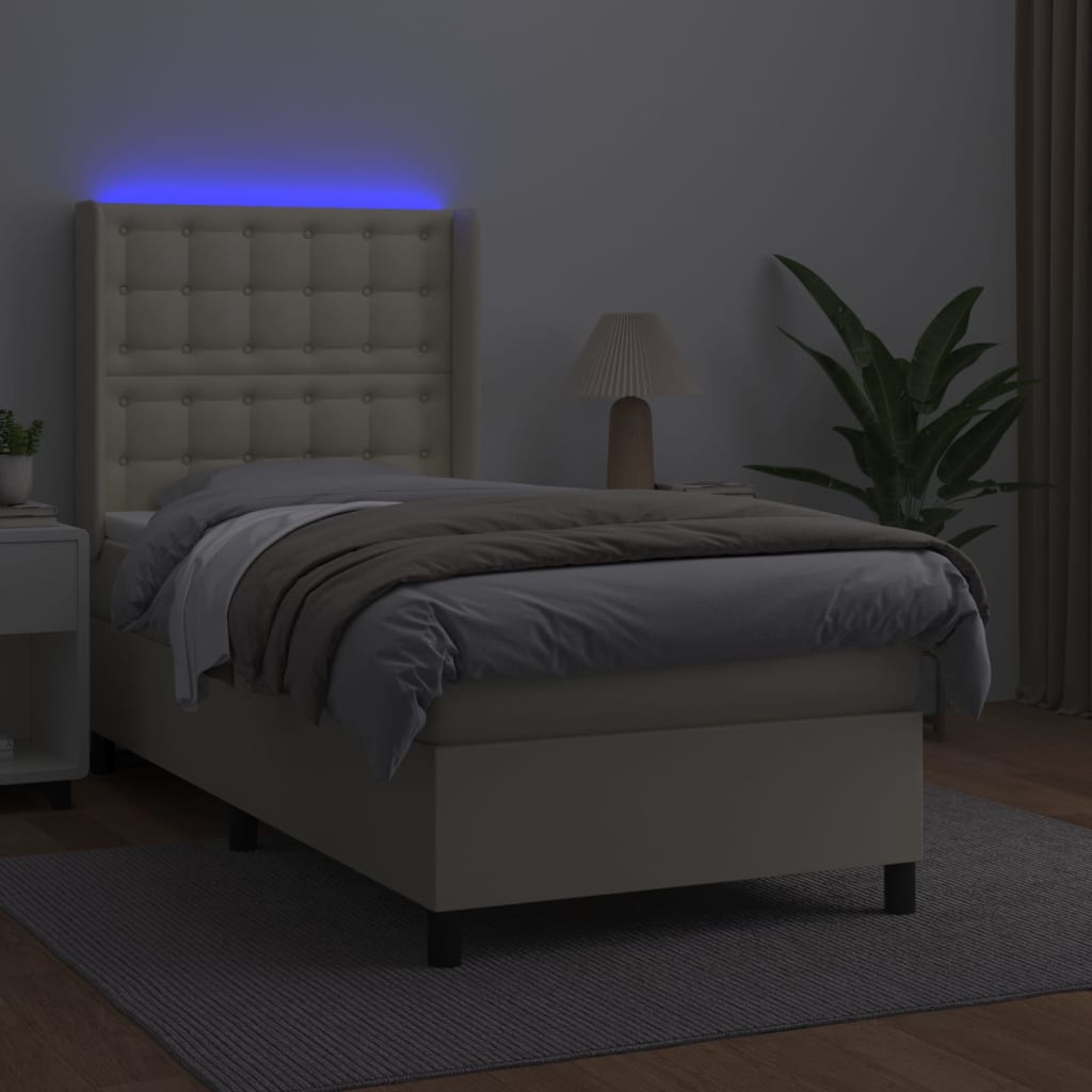 vidaXL Łóżko kontynentalne z LED, materac, kremowe, ekoskóra 90x200 cm