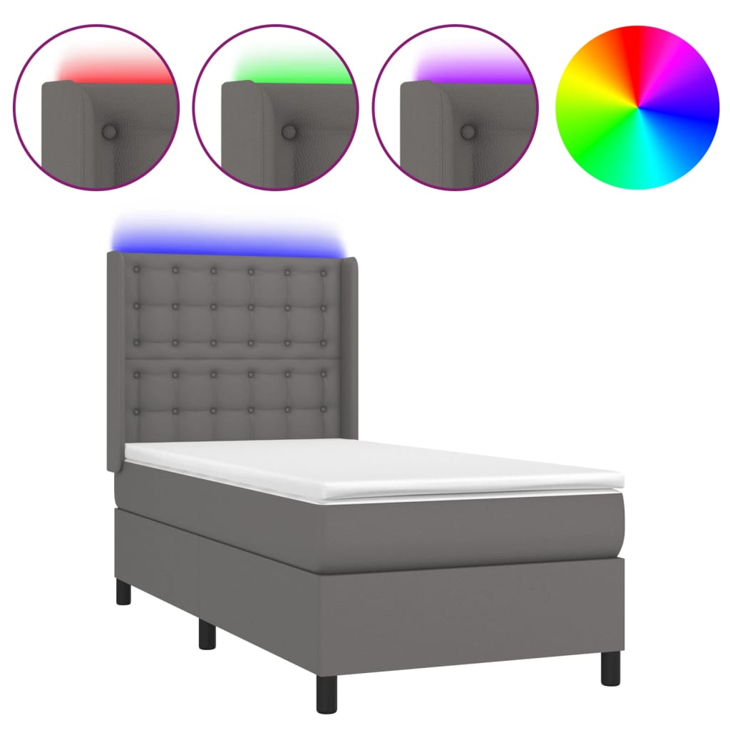 vidaXL Łóżko kontynentalne z materacem i LED, szara ekoskóra 90x200 cm