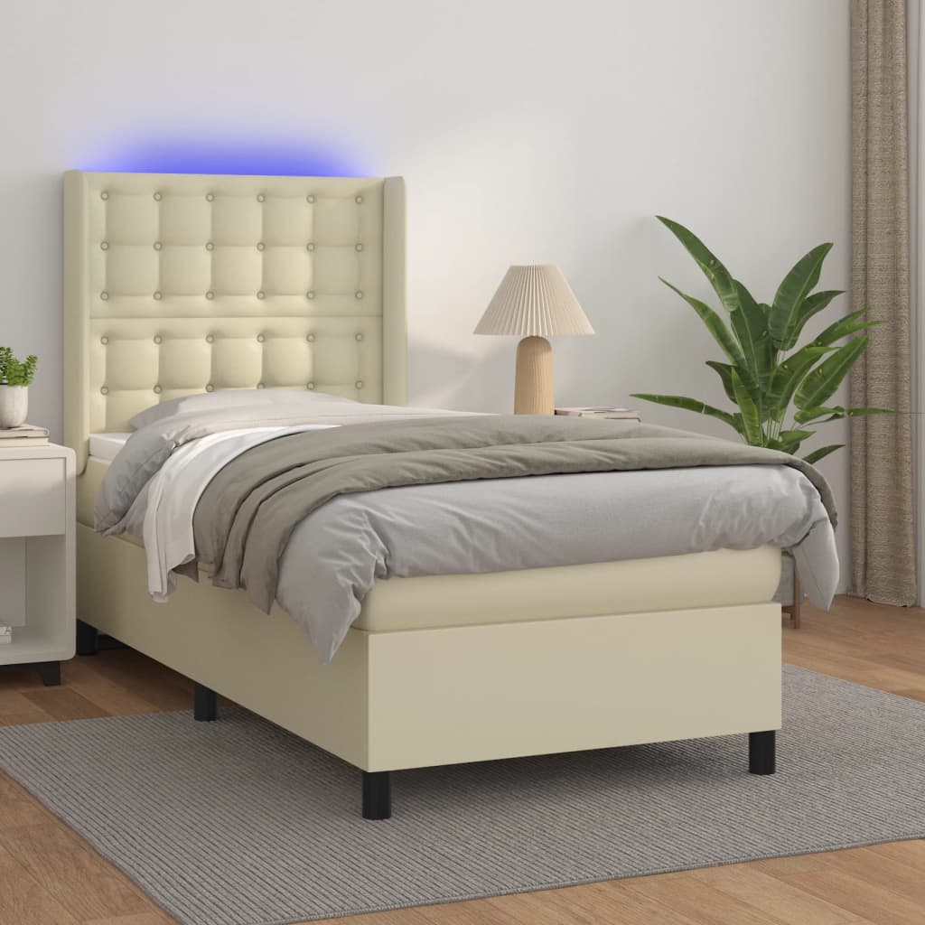 vidaXL Łóżko kontynentalne z LED, materac, kremowe, ekoskóra 100x200cm