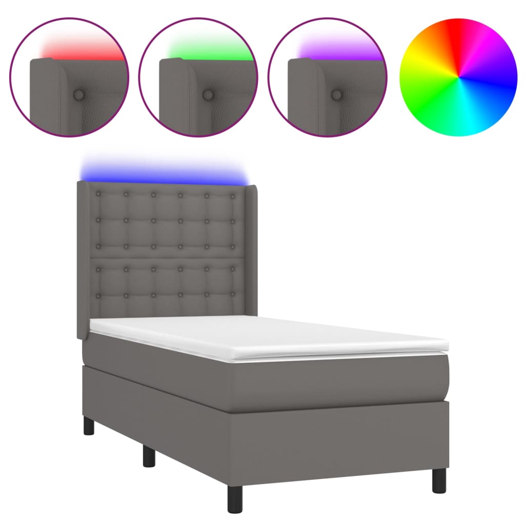 vidaXL Łóżko kontynentalne z materacem i LED, szara ekoskóra 100x200cm