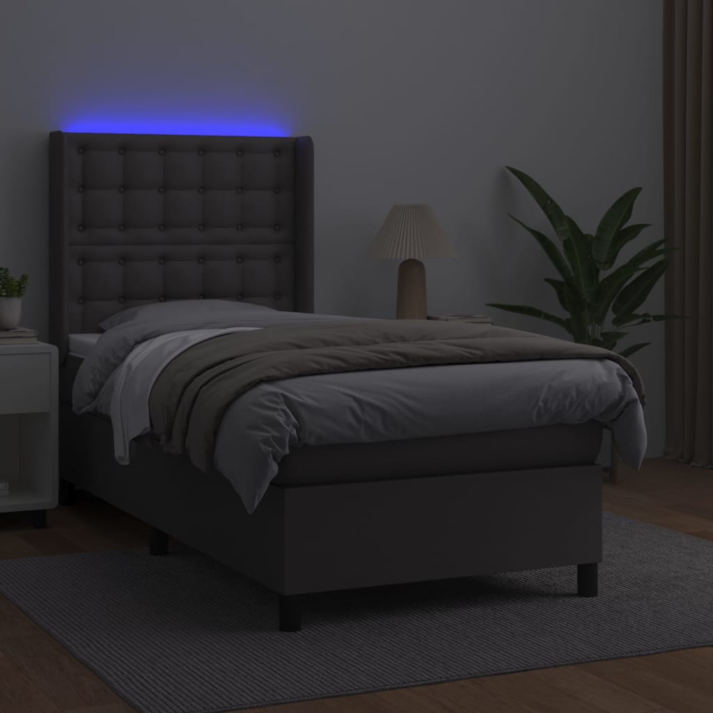 vidaXL Łóżko kontynentalne z materacem i LED, szara ekoskóra 100x200cm