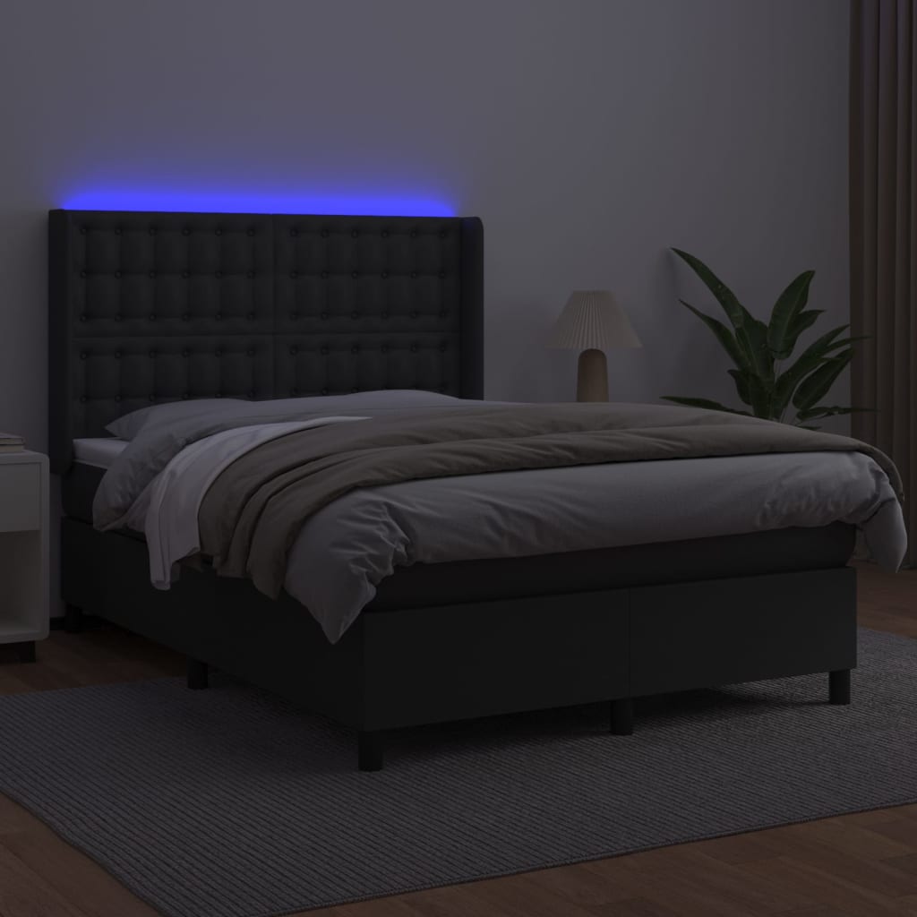 vidaXL Łóżko kontynentalne, materac i LED, czarna ekoskóra, 140x190 cm
