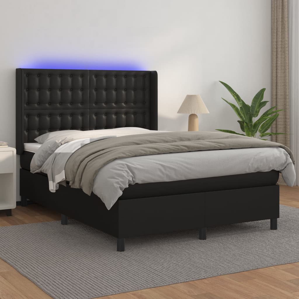 vidaXL Łóżko kontynentalne, materac i LED, czarna ekoskóra, 140x190 cm