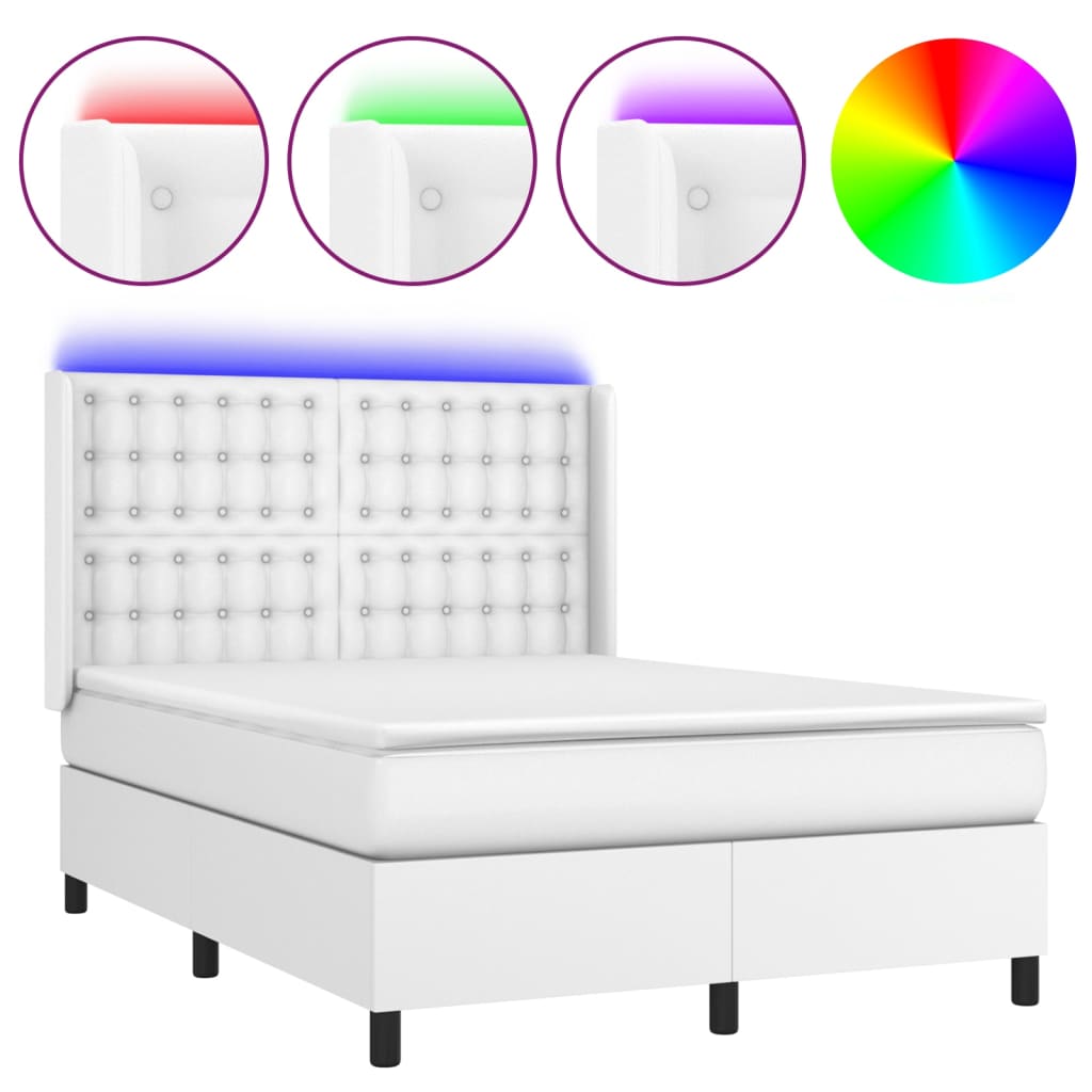 vidaXL Łóżko kontynentalne z materacem i LED, biała ekoskóra 140x190cm