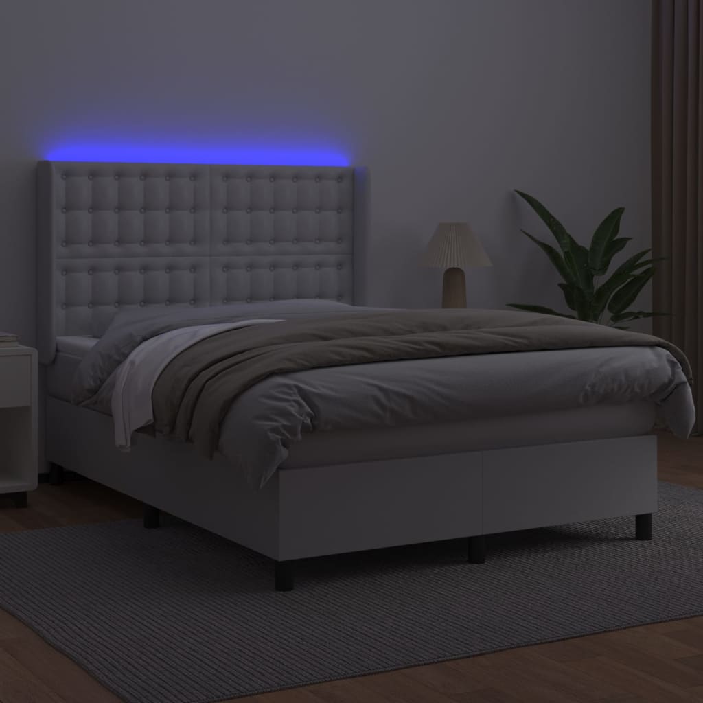 vidaXL Łóżko kontynentalne z materacem i LED, biała ekoskóra 140x190cm