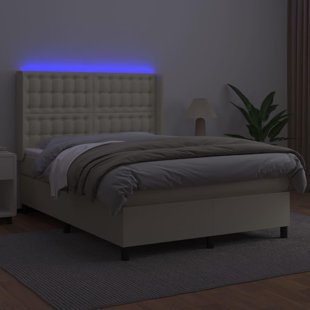vidaXL Łóżko kontynentalne z LED, materac, kremowe, ekoskóra 140x190cm