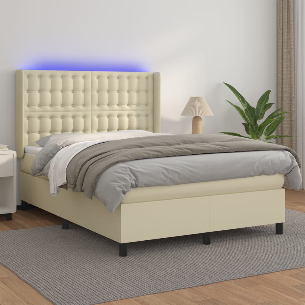 vidaXL Łóżko kontynentalne z LED, materac, kremowe, ekoskóra 140x190cm