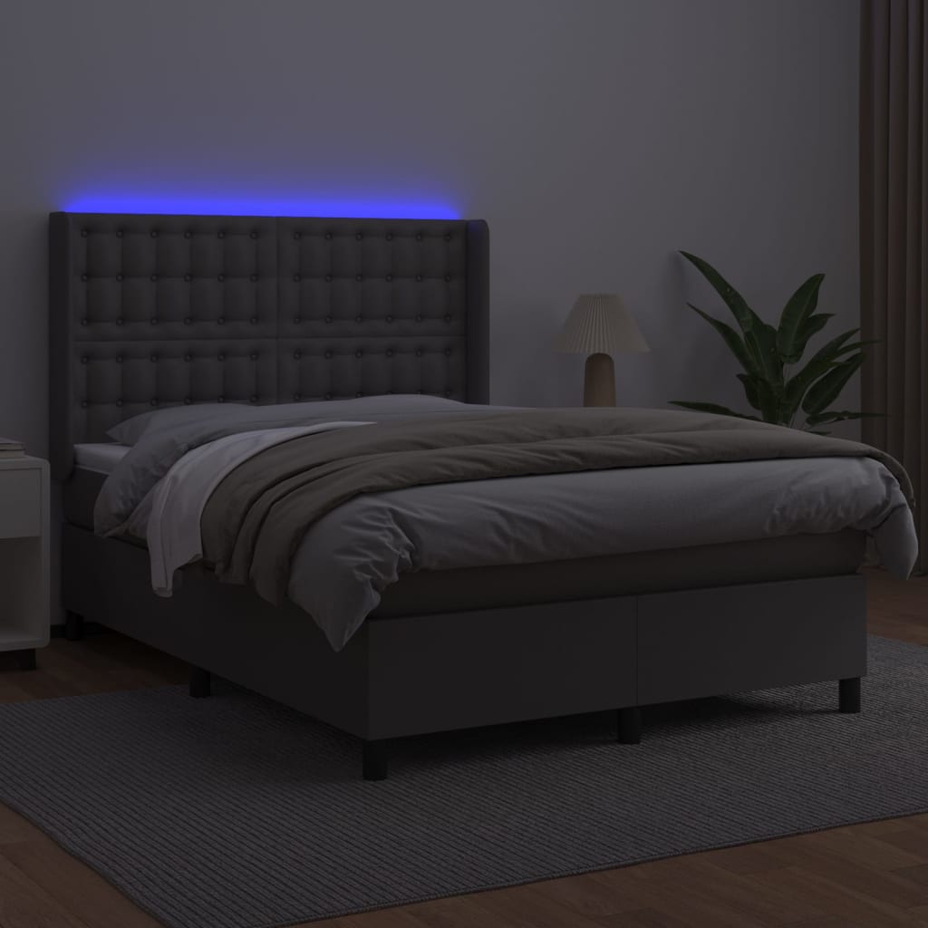 vidaXL Łóżko kontynentalne z materacem i LED, szara ekoskóra 140x190cm