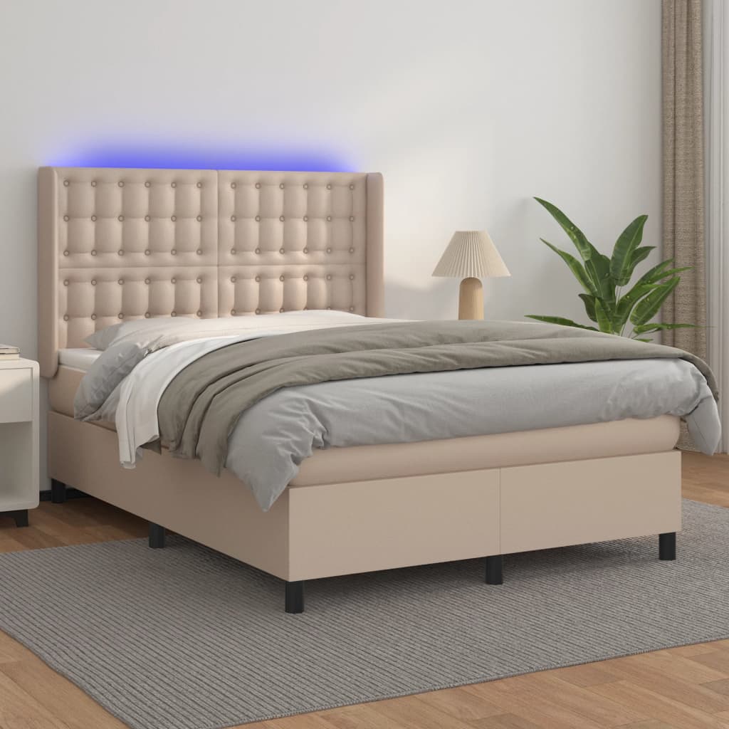 vidaXL Łóżko kontynentalne, materac i LED cappuccino 140x190 cm