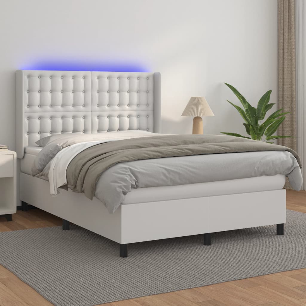 vidaXL Łóżko kontynentalne z materacem i LED, biała ekoskóra 140x200cm