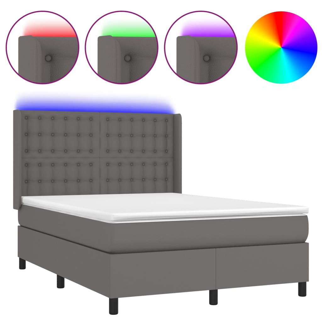 vidaXL Łóżko kontynentalne z materacem i LED, szara ekoskóra 140x200cm