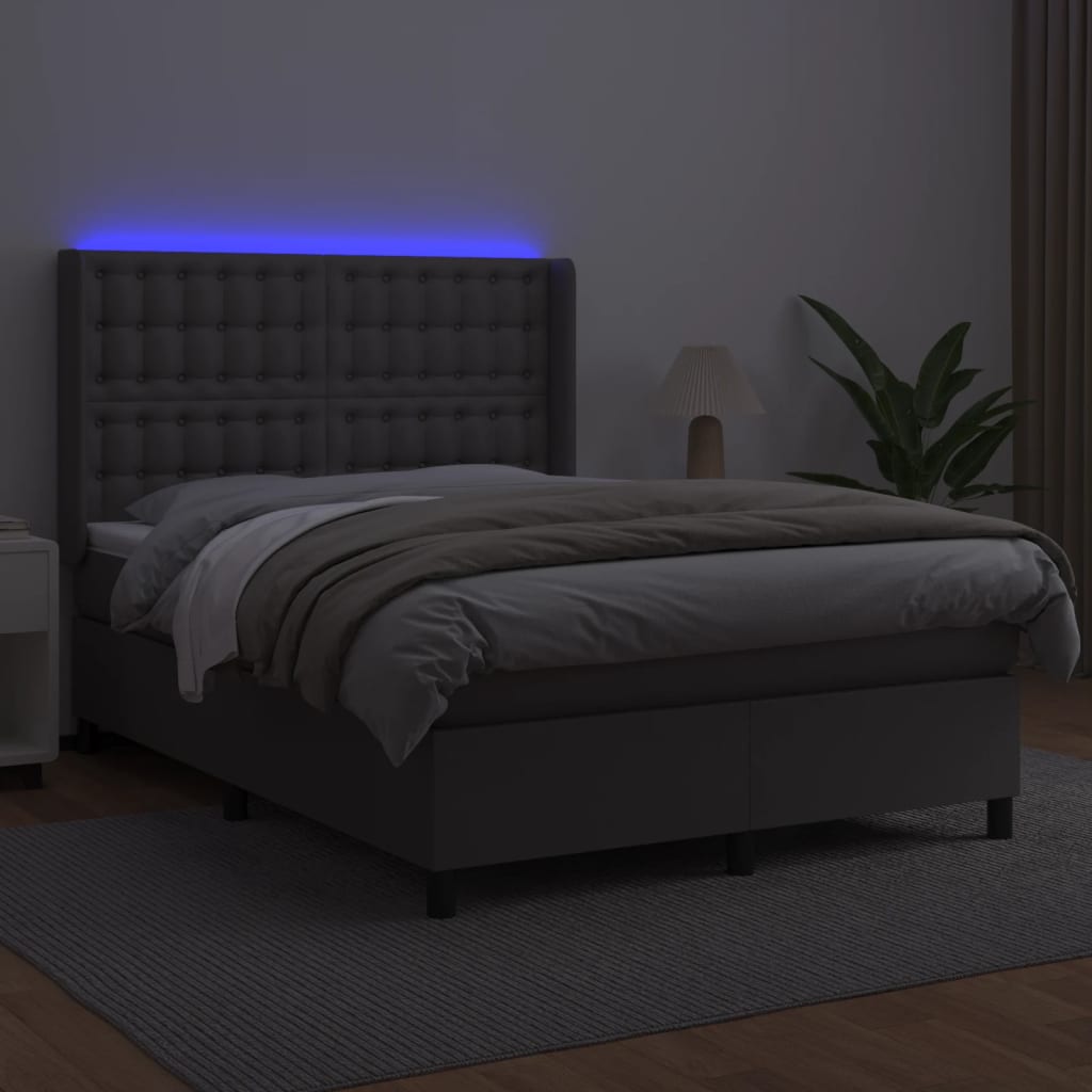 vidaXL Łóżko kontynentalne z materacem i LED, szara ekoskóra 140x200cm