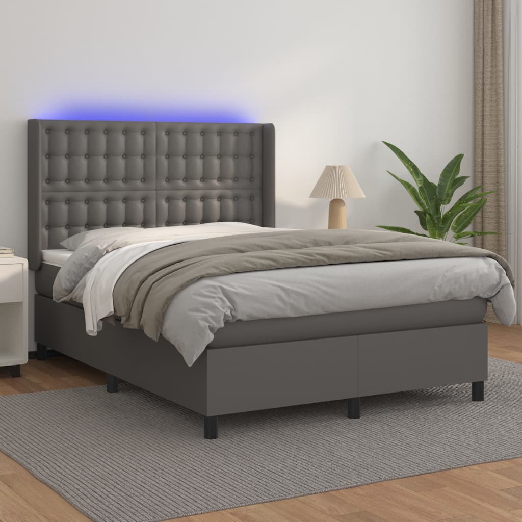 vidaXL Łóżko kontynentalne z materacem i LED, szara ekoskóra 140x200cm