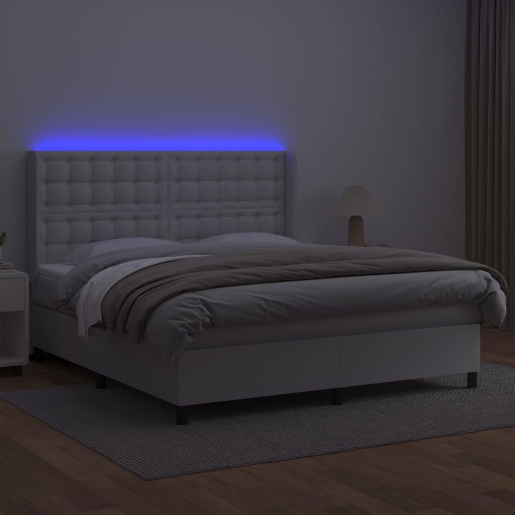 vidaXL Łóżko kontynentalne z materacem i LED, biała ekoskóra 160x200cm