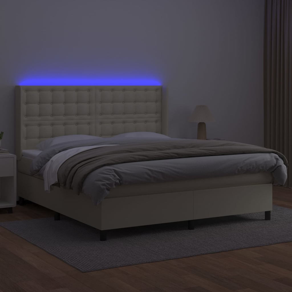 vidaXL Łóżko kontynentalne z LED, materac, kremowe, ekoskóra 160x200cm