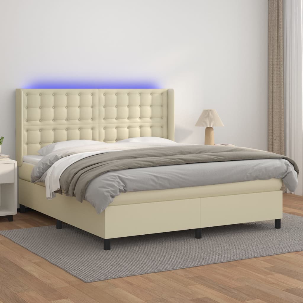 vidaXL Łóżko kontynentalne z LED, materac, kremowe, ekoskóra 160x200cm