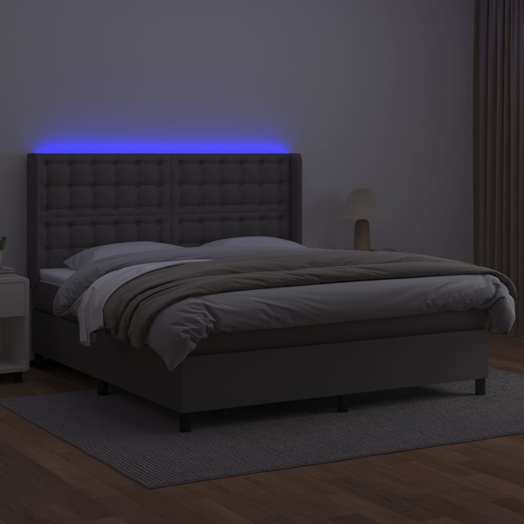 vidaXL Łóżko kontynentalne z materacem i LED, szara ekoskóra 160x200cm