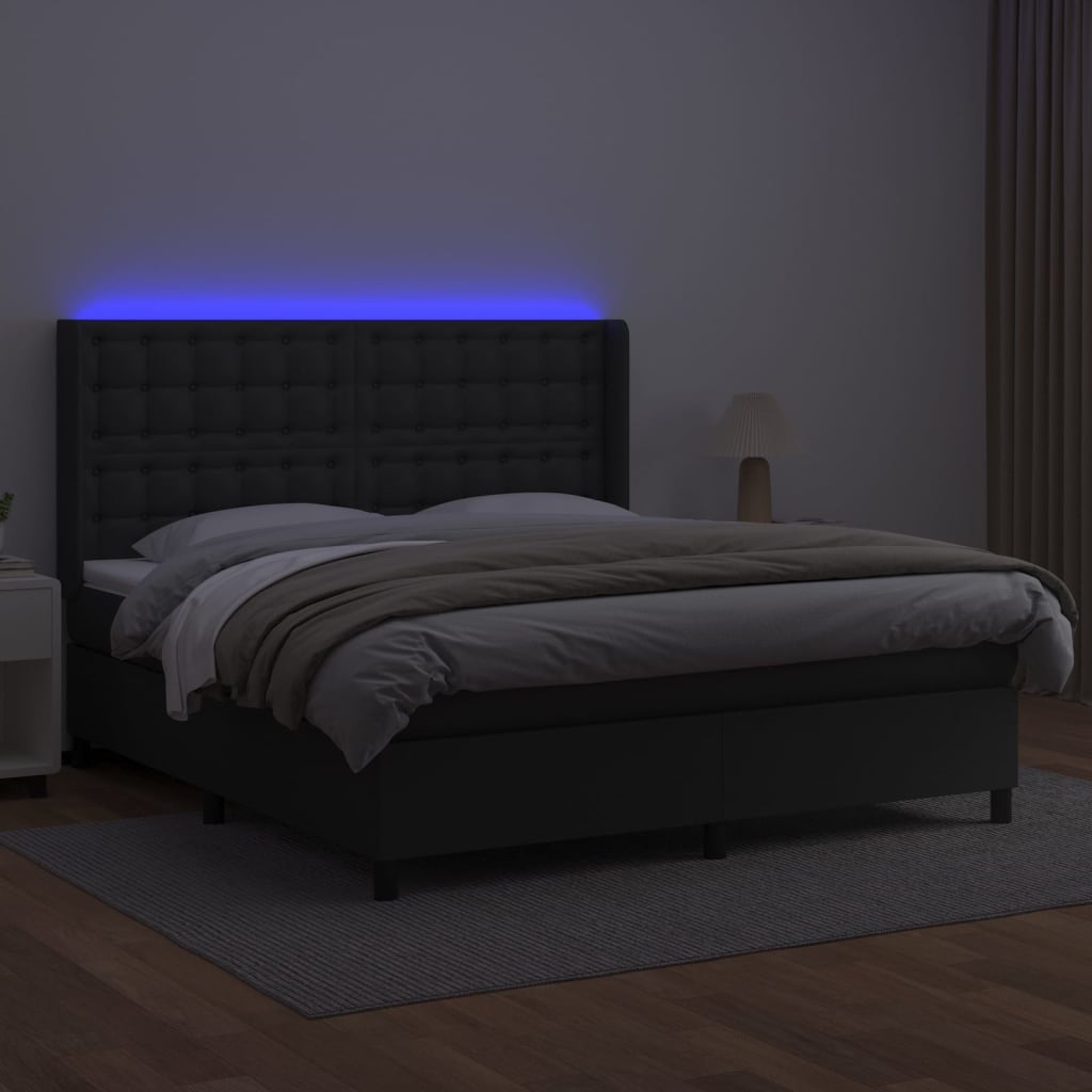 vidaXL Łóżko kontynentalne z materacem i LED czarna ekoskóra 180x200cm