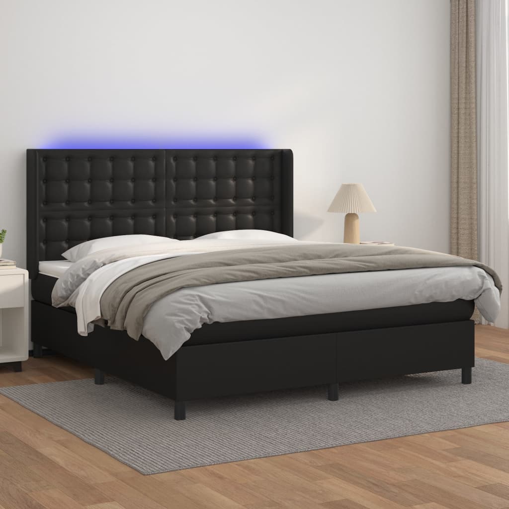 vidaXL Łóżko kontynentalne z materacem i LED czarna ekoskóra 180x200cm