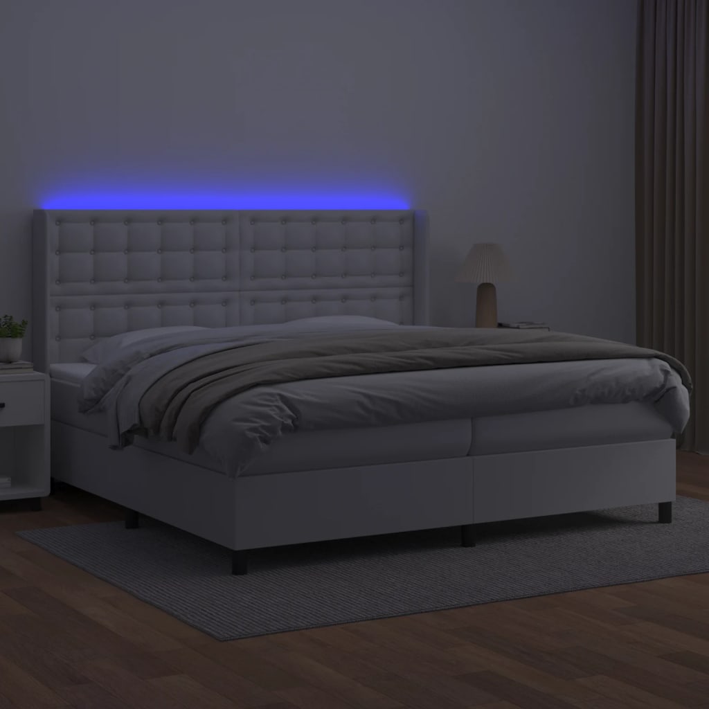 vidaXL Łóżko kontynentalne z materacem i LED, biała ekoskóra 200x200cm