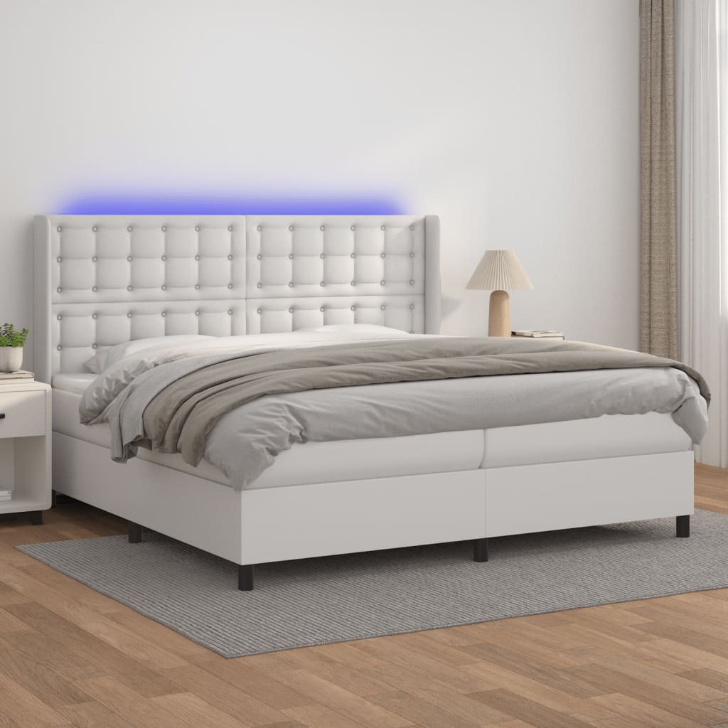 vidaXL Łóżko kontynentalne z materacem i LED, biała ekoskóra 200x200cm
