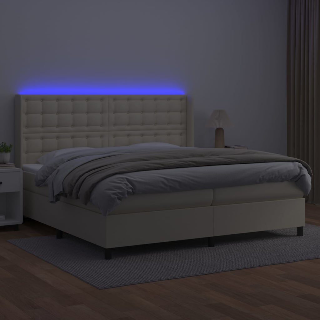 vidaXL Łóżko kontynentalne z LED, materac, kremowe, ekoskóra 200x200cm