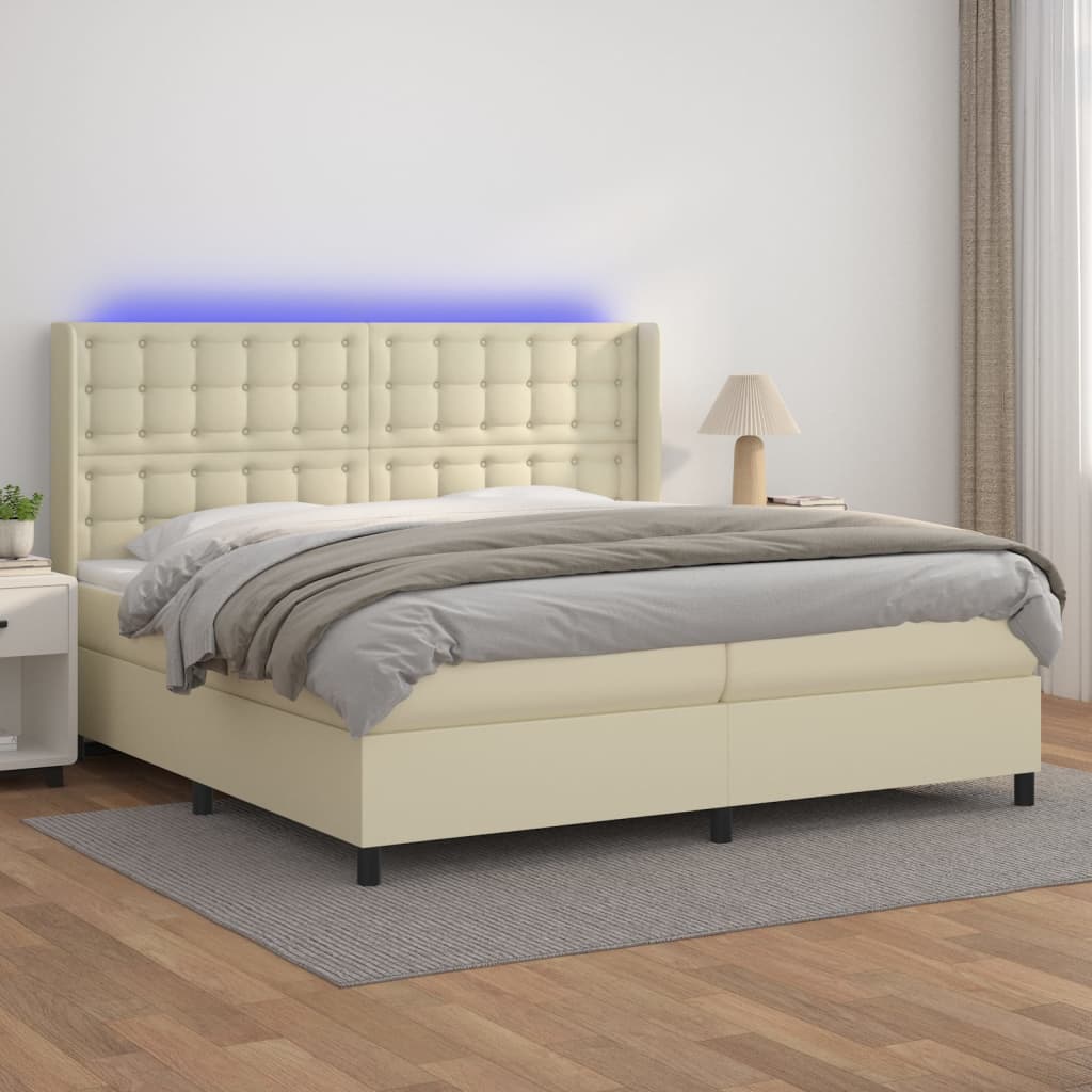 vidaXL Łóżko kontynentalne z LED, materac, kremowe, ekoskóra 200x200cm