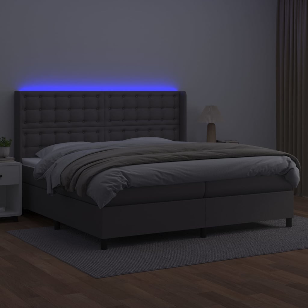vidaXL Łóżko kontynentalne z materacem i LED, szara ekoskóra 200x200cm