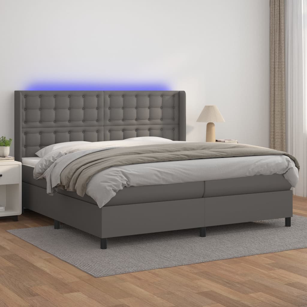 vidaXL Łóżko kontynentalne z materacem i LED, szara ekoskóra 200x200cm