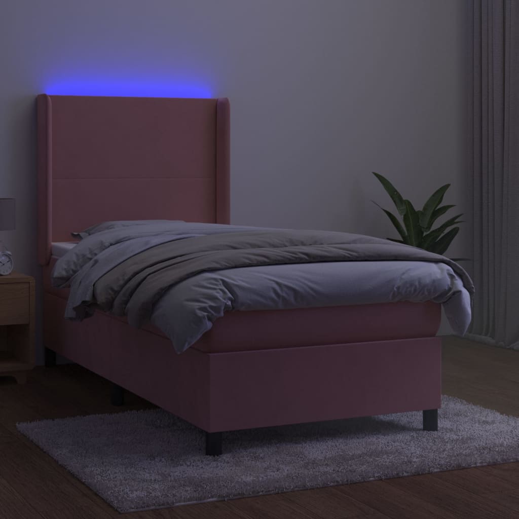 vidaXL Łóżko kontynentalne z materacem i LED, różowy aksamit 80x200 cm