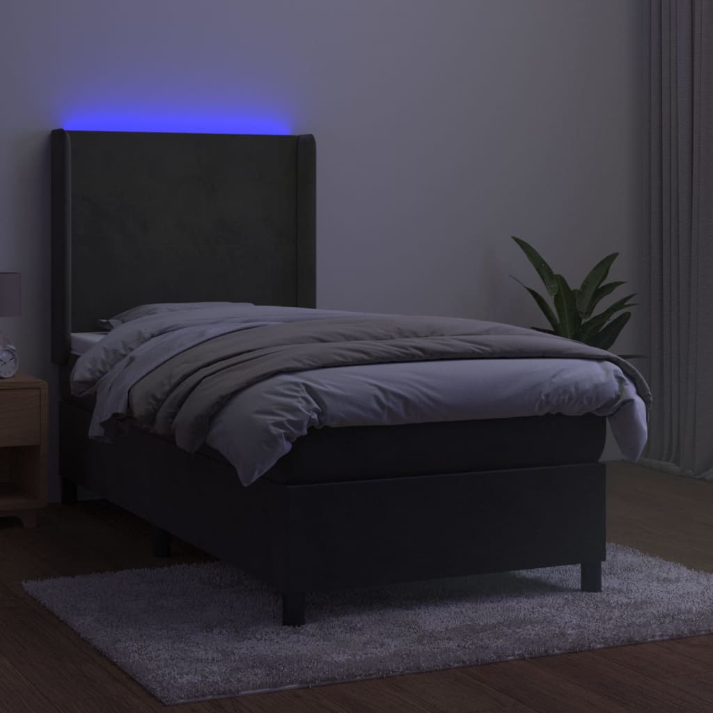 vidaXL Łóżko kontynentalne z materacem i LED, szary aksamit, 90x190 cm