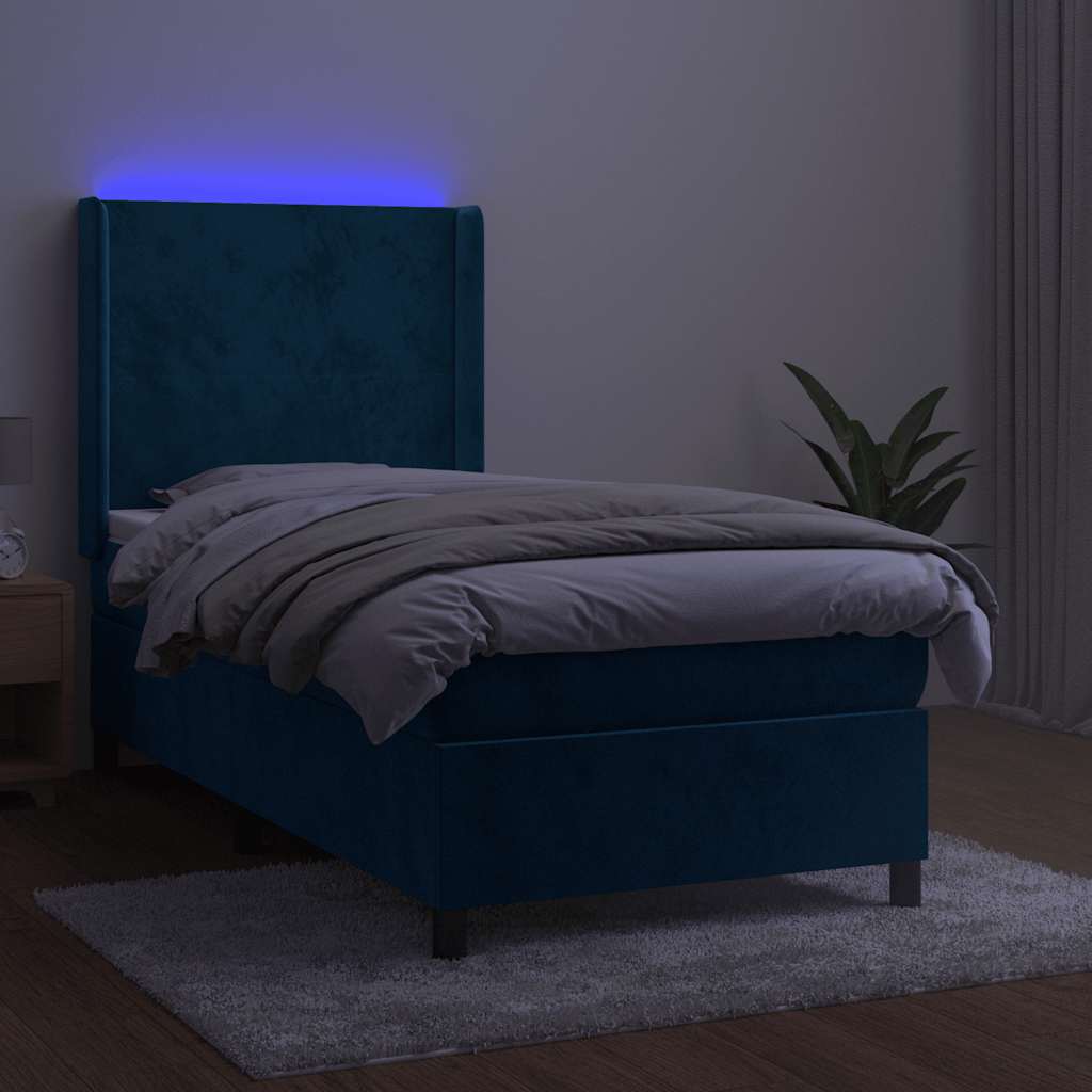 vidaXL Łóżko kontynentalne, materac i LED, niebieski aksamit 90x190 cm