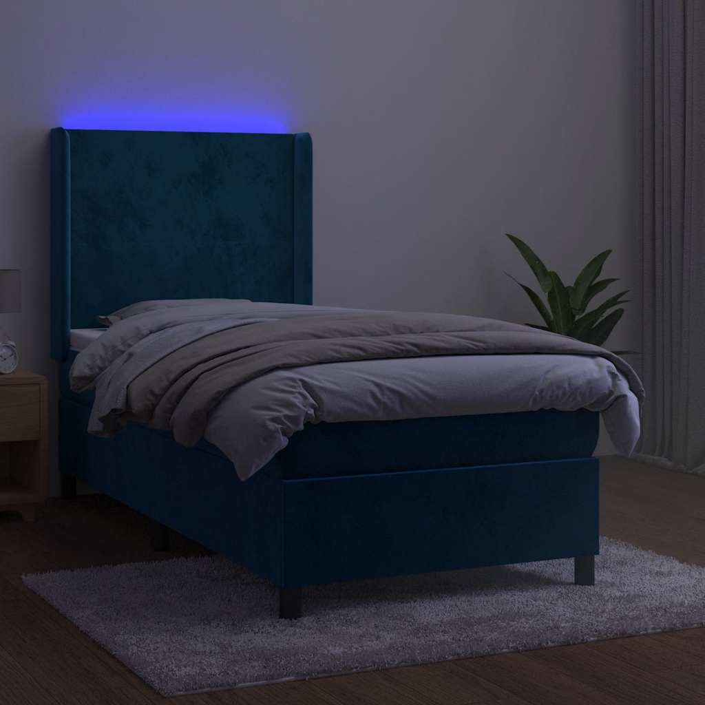 vidaXL Łóżko kontynentalne, materac i LED, niebieski aksamit 90x200 cm