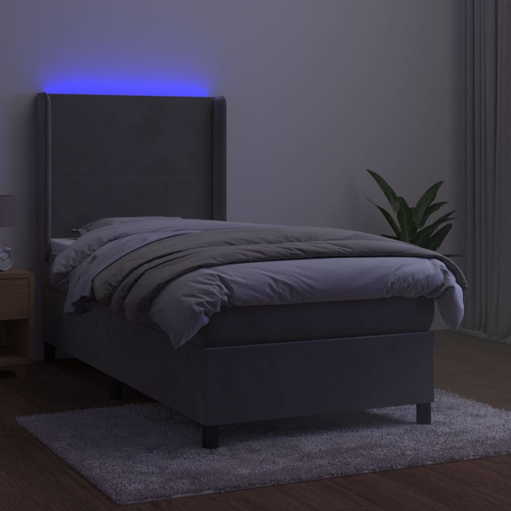 vidaXL Łóżko kontynentalne z materacem i LED, szare 100x200cm, aksamit