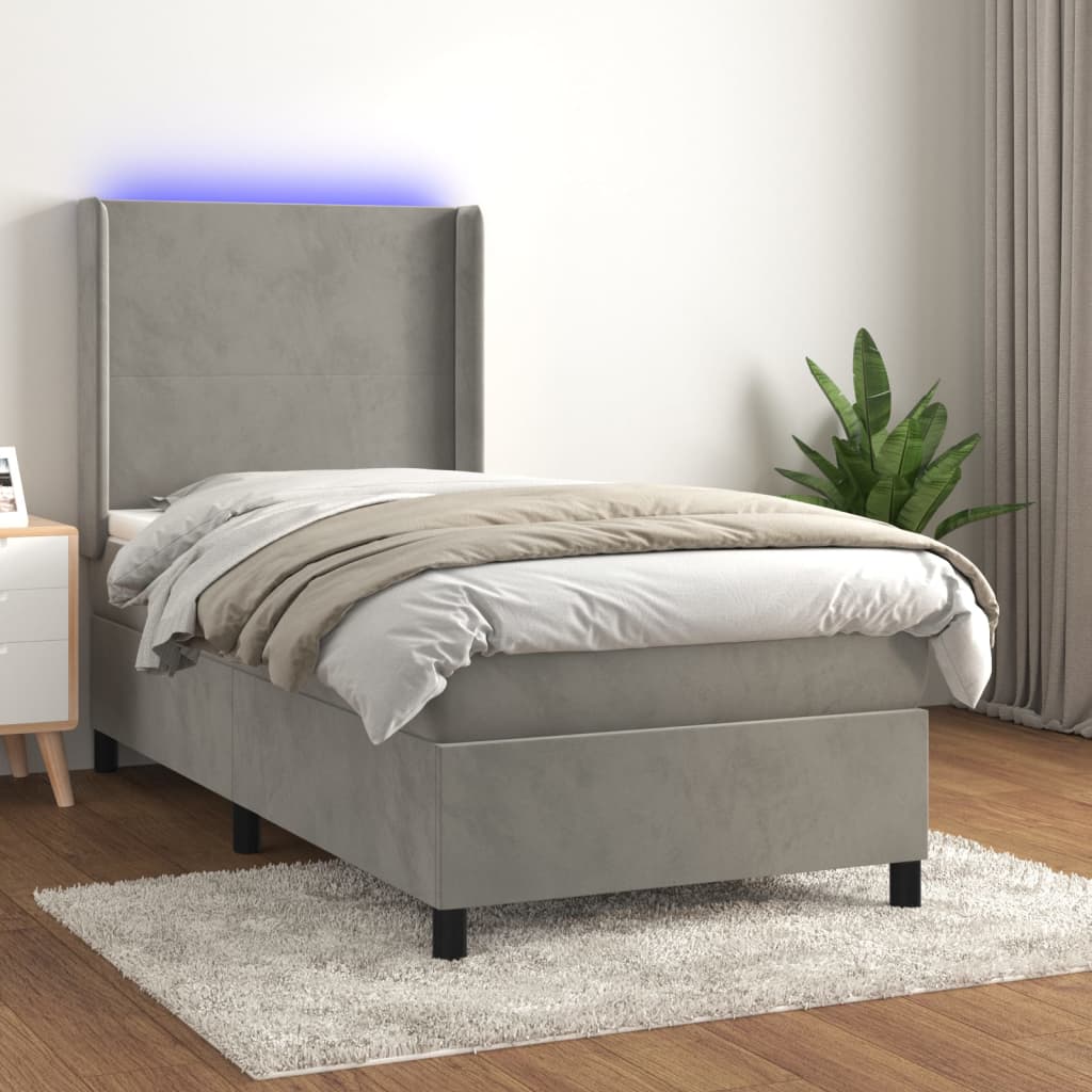 vidaXL Łóżko kontynentalne z materacem i LED, szare 100x200cm, aksamit