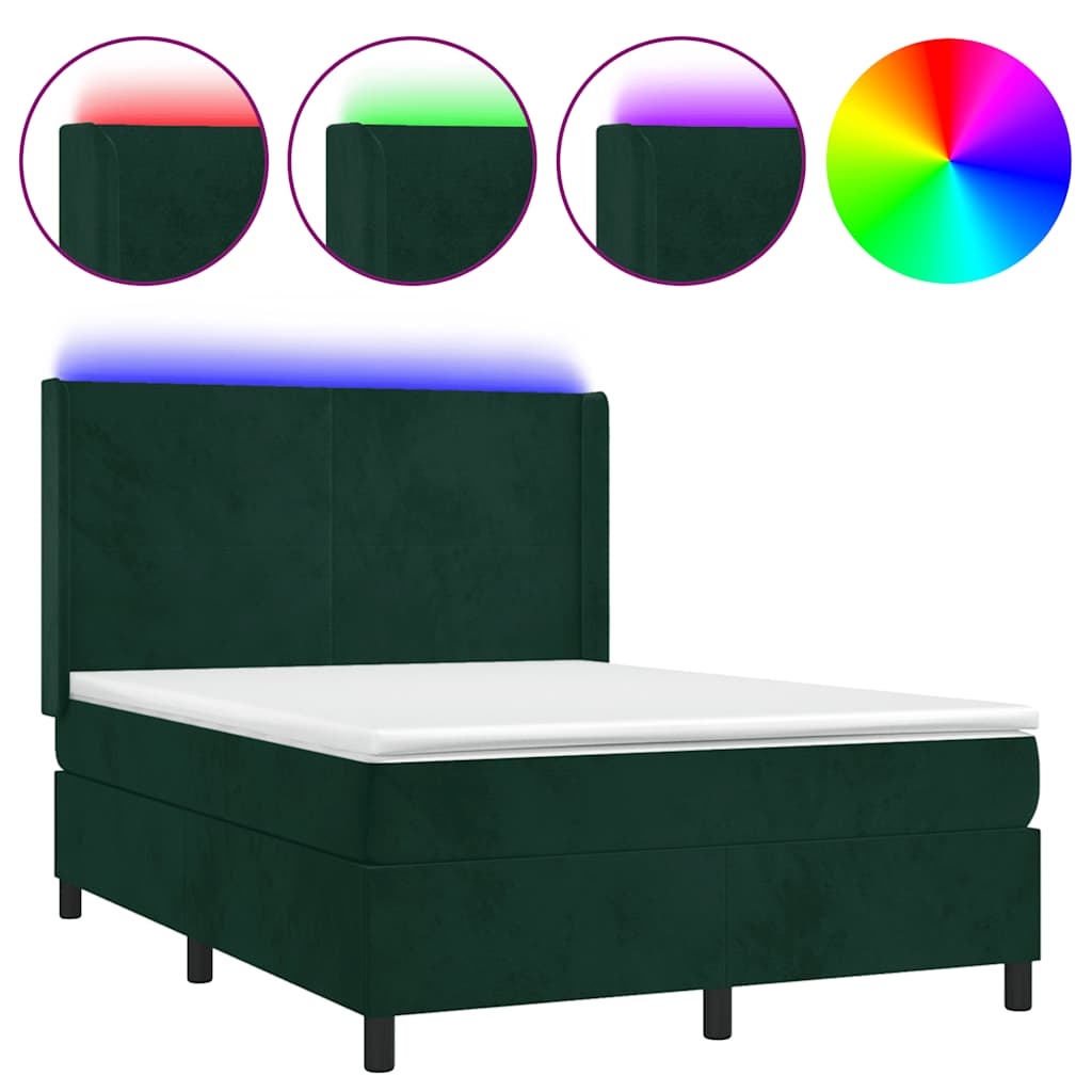 vidaXL Łóżko kontynentalne z materacem i LED zielony aksamit 140x190cm