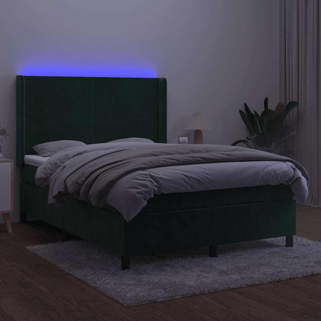 vidaXL Łóżko kontynentalne z materacem i LED zielony aksamit 140x190cm
