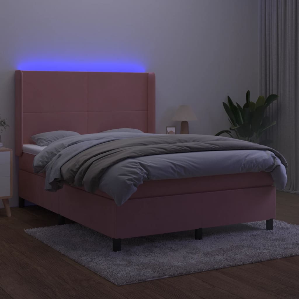 vidaXL Łóżko kontynentalne z materacem i LED, różowy aksamit 140x190cm