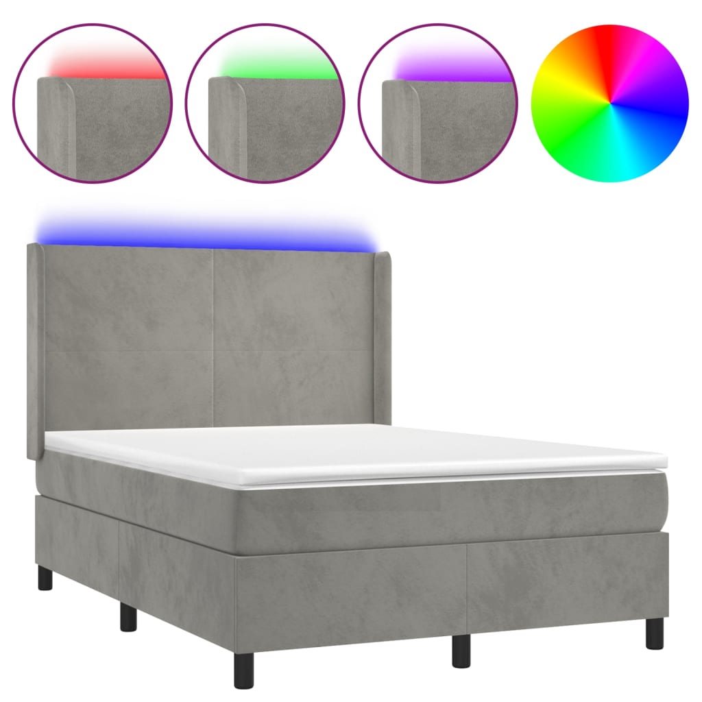 vidaXL Łóżko kontynentalne z materacem i LED, szare 140x200cm, aksamit