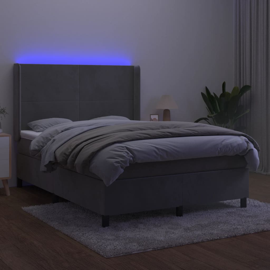 vidaXL Łóżko kontynentalne z materacem i LED, szare 140x200cm, aksamit
