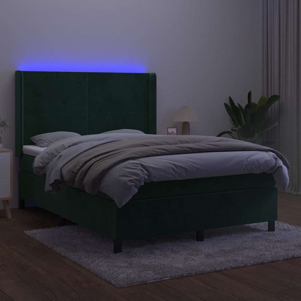 vidaXL Łóżko kontynentalne z materacem i LED zielony aksamit 140x200cm