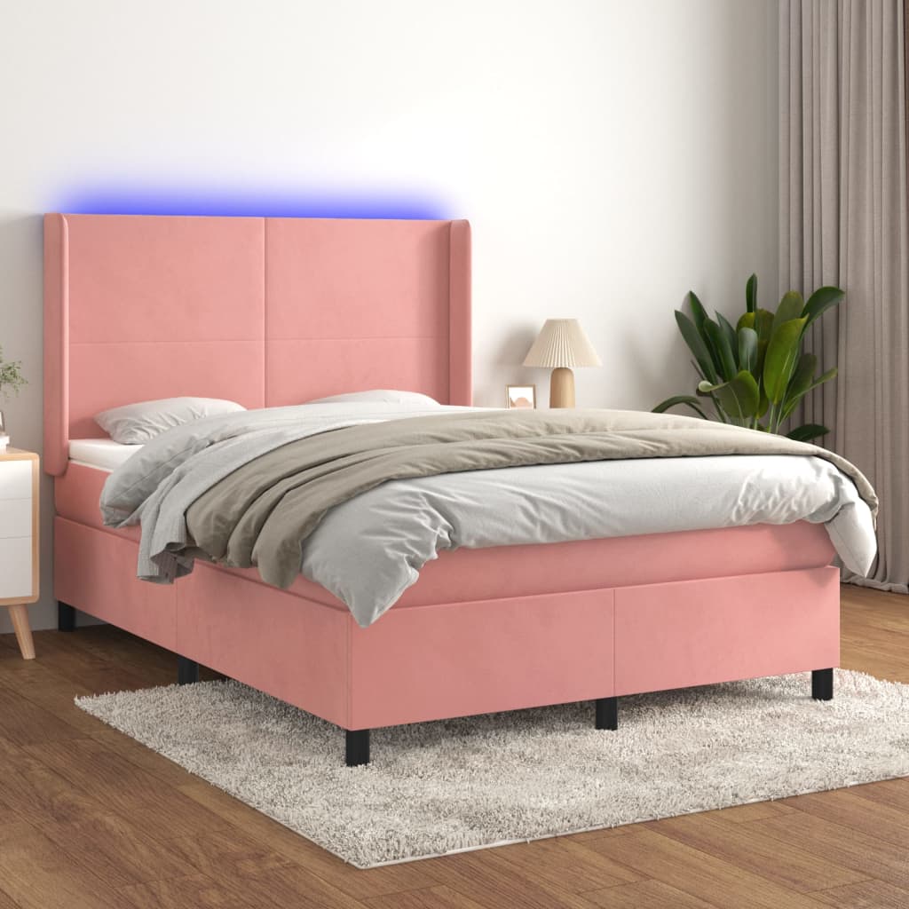 vidaXL Łóżko kontynentalne z materacem i LED, różowy aksamit 140x200cm
