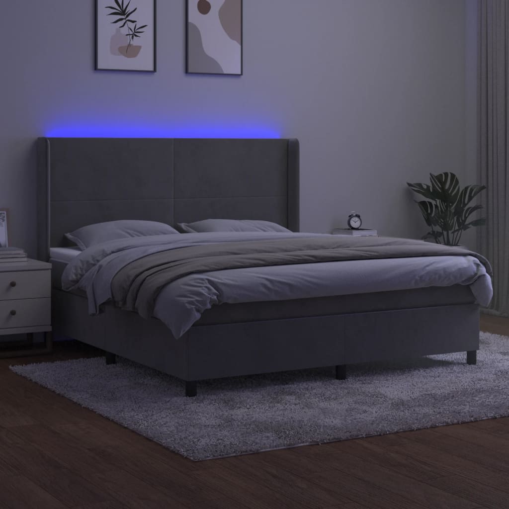 vidaXL Łóżko kontynentalne z materacem i LED, szare 160x200cm, aksamit