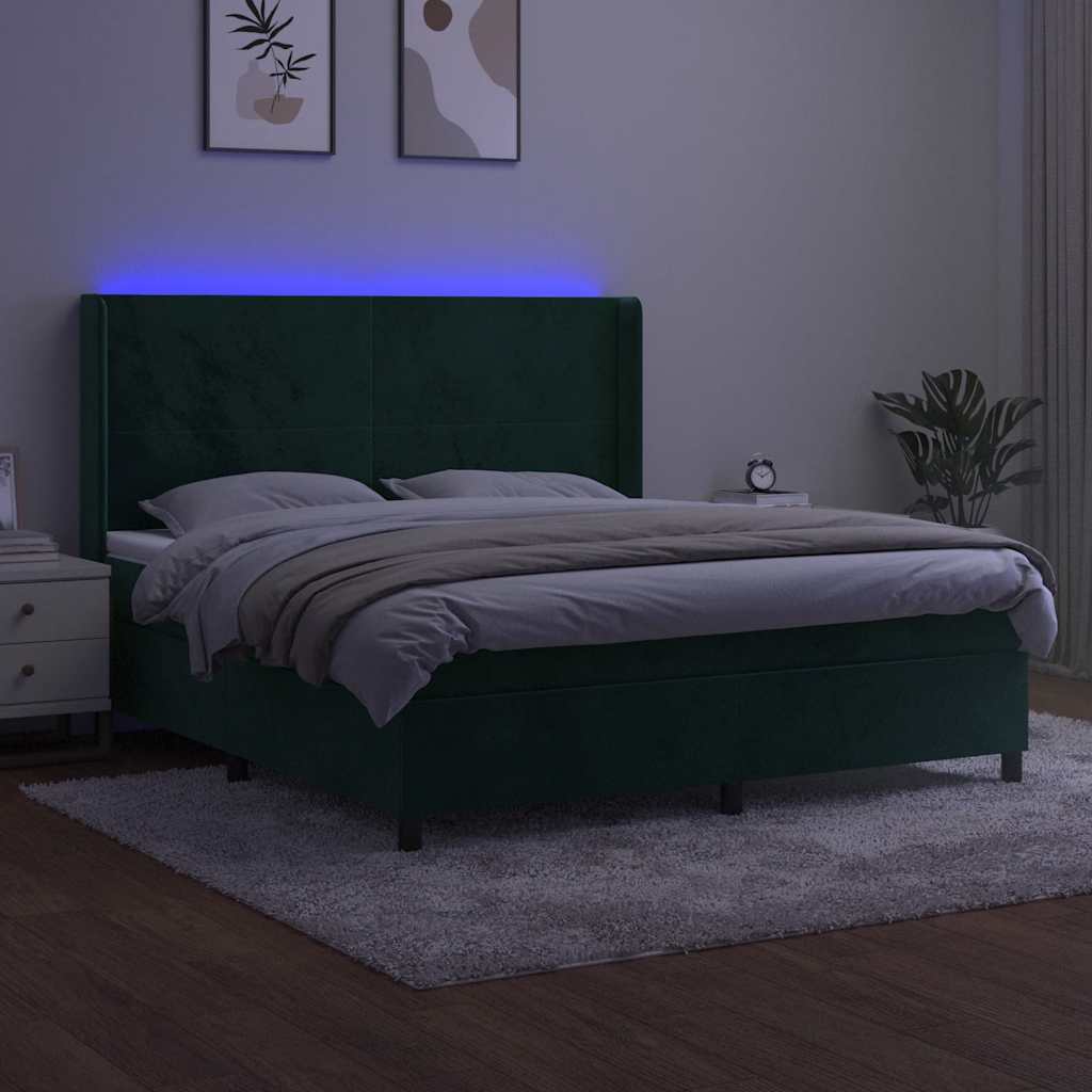 vidaXL Łóżko kontynentalne z materacem i LED zielony aksamit 160x200cm