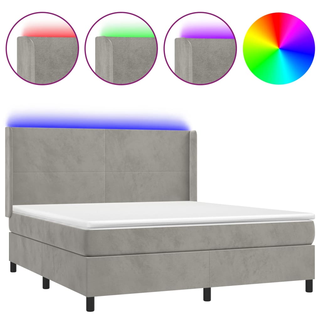 vidaXL Łóżko kontynentalne z materacem i LED, szare 180x200cm, aksamit