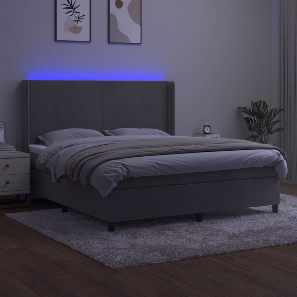 vidaXL Łóżko kontynentalne z materacem i LED, szare 180x200cm, aksamit